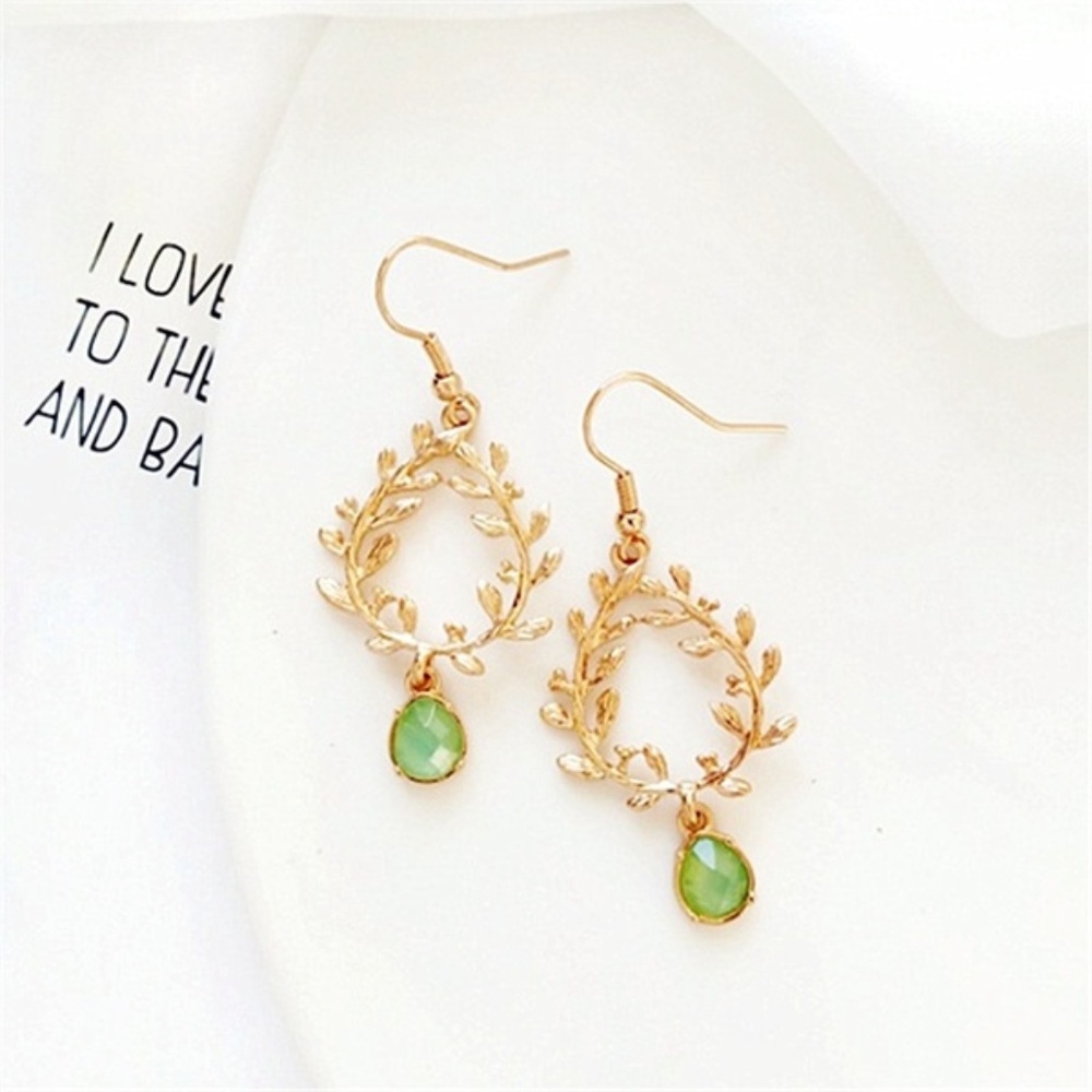 Gold Leaf Dangle Earrings with Rhinestone Accent